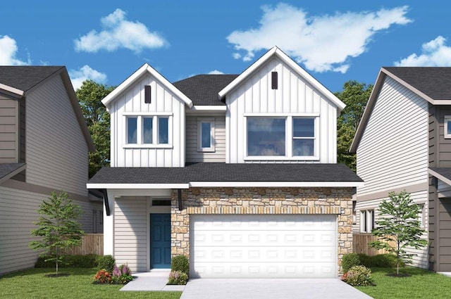 view of front of home featuring an attached garage, fence, driveway, stone siding, and board and batten siding