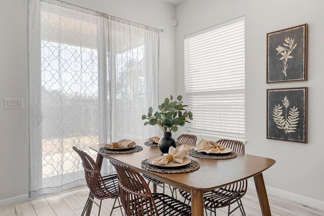 dining area featuring light wood-style floors and baseboards