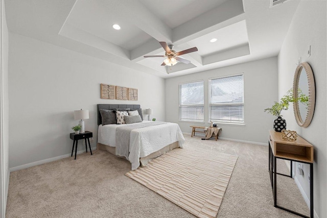 carpeted bedroom with recessed lighting, ceiling fan, coffered ceiling, beamed ceiling, and baseboards