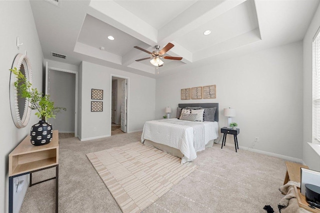 bedroom with beamed ceiling, recessed lighting, light carpet, coffered ceiling, and baseboards