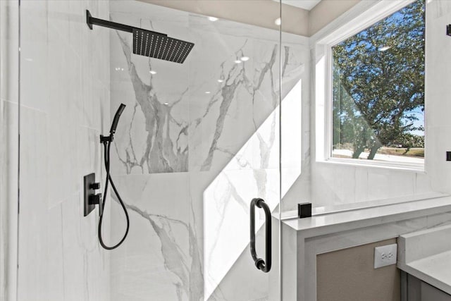 17503 Panorama Dr, Dripping Springs, TX 78620 - bathroom view of a marble finish shower and vanity