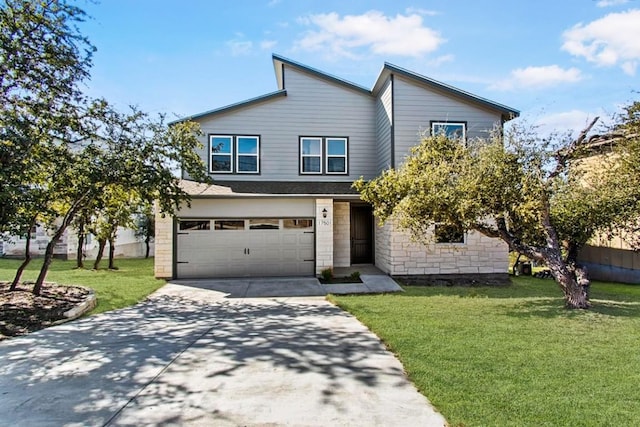 view of front of property featuring a garage, stone siding, a front yard, and driveway