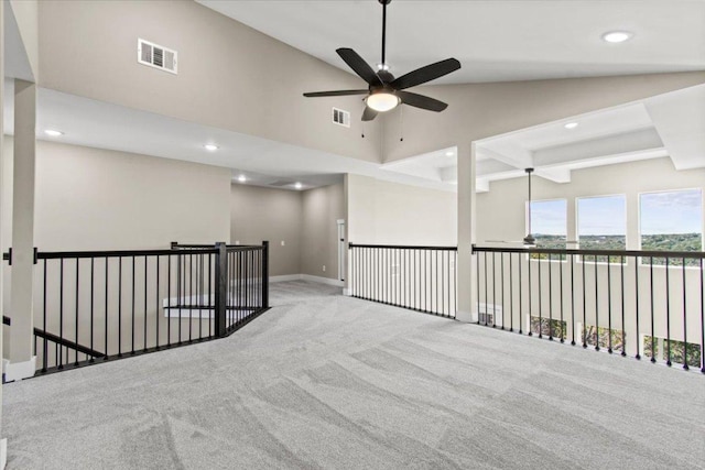 17503 Panorama Dr, Dripping Springs, TX 78620 - spare room featuring recessed lighting, ceiling fan, carpet flooring, high vaulted ceiling, and baseboards