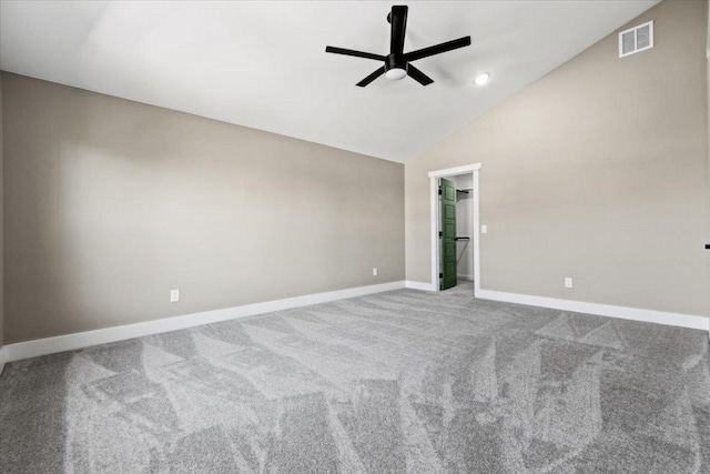 17503 Panorama Dr, Dripping Springs, TX 78620 - empty room featuring ceiling fan, baseboards, carpet, high vaulted ceiling, and recessed lighting