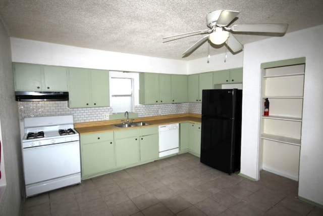 5204 Guadalupe St, Austin, TX 78751 - kitchen with white appliances, under cabinet range hood, decorative backsplash, a textured ceiling, and a ceiling fan