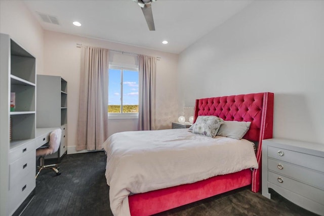 bedroom featuring recessed lighting, visible vents, and ceiling fan