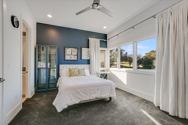 carpeted bedroom featuring recessed lighting, baseboards, and ceiling fan