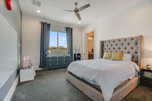 bedroom featuring visible vents, recessed lighting, ceiling fan, and carpet floors