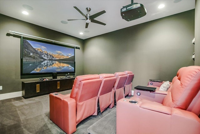 carpeted home theater featuring recessed lighting, baseboards, and ceiling fan