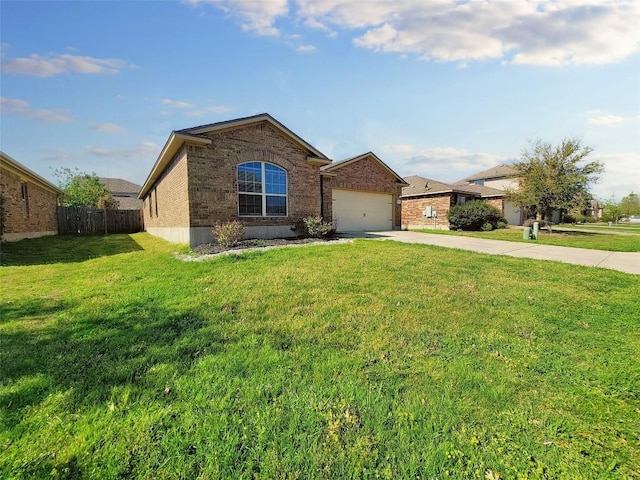 ranch-style home featuring a garage, brick siding, fence, driveway, and a front yard