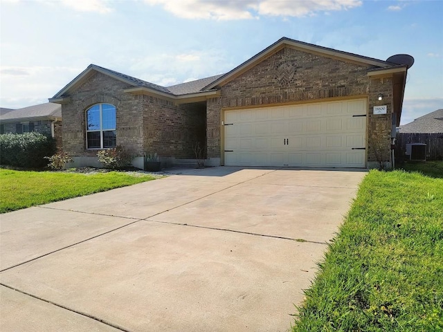 ranch-style house featuring driveway, a garage, central air condition unit, a front lawn, and brick siding