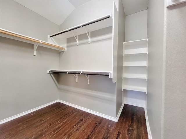 walk in closet with lofted ceiling and wood finished floors