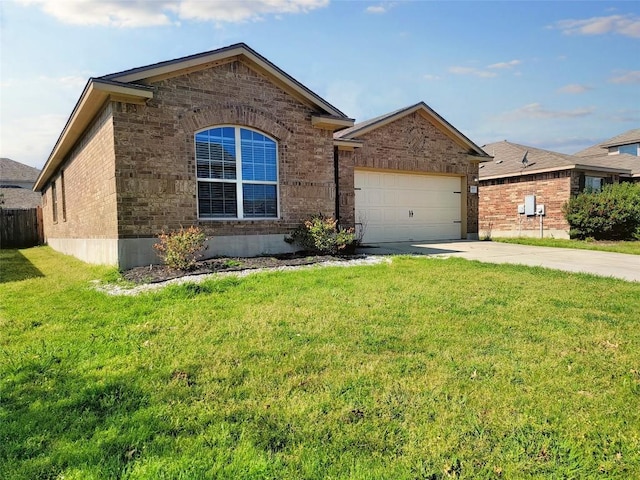 single story home featuring a garage, concrete driveway, brick siding, and a front yard