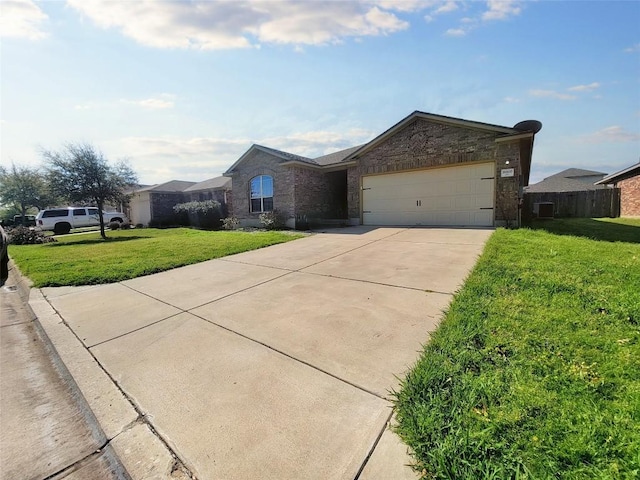 single story home featuring a garage, driveway, a front lawn, and brick siding