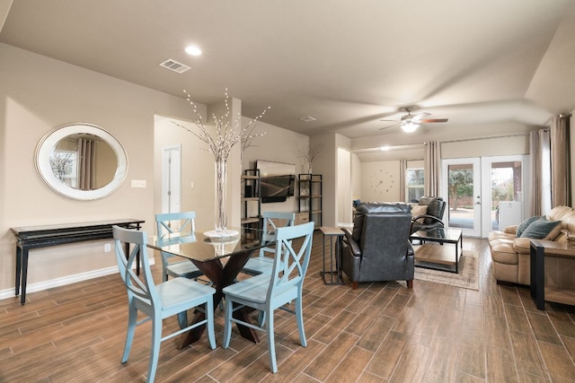 dining room featuring baseboards, visible vents, french doors, wood finish floors, and recessed lighting