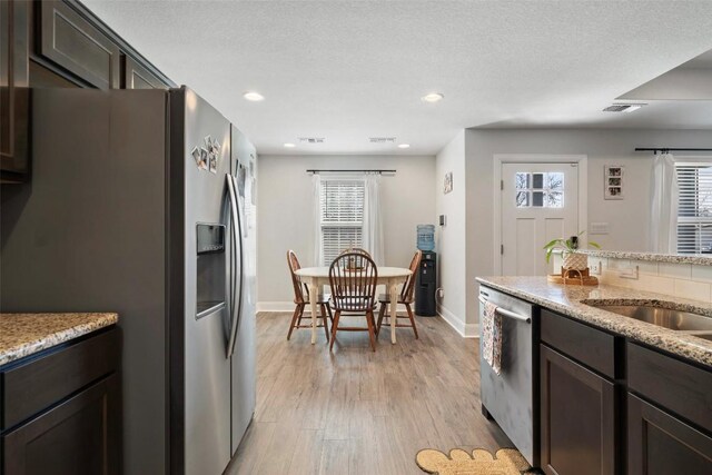 kitchen featuring dark brown cabinetry, light wood-style flooring, stainless steel appliances, and a healthy amount of sunlight