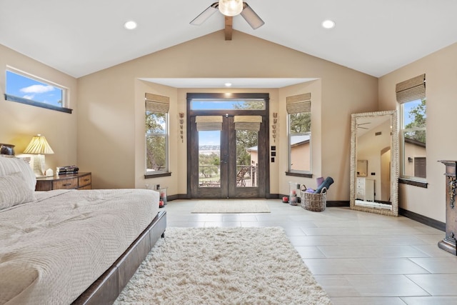 tiled bedroom with access to exterior, multiple windows, french doors, and vaulted ceiling with beams