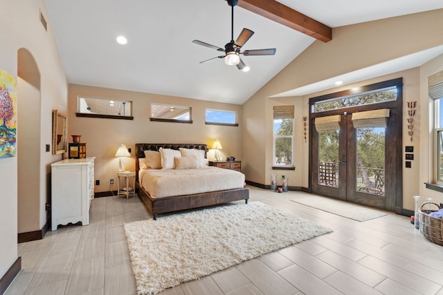 bedroom featuring visible vents, baseboards, vaulted ceiling with beams, french doors, and access to outside