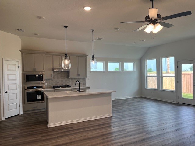 525 Teasley Dr, Taylor, TX 76574 - kitchen featuring stainless steel appliances, gray cabinetry, vaulted ceiling, decorative backsplash, and dark wood-style floors