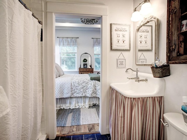 ensuite bathroom featuring vanity, toilet, ensuite bathroom, and wood finished floors