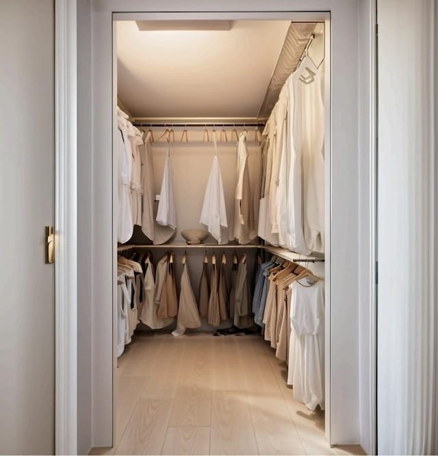 walk in closet with light wood-style flooring