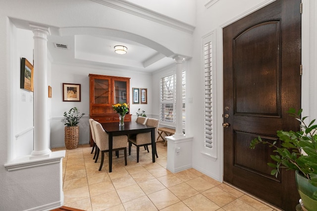14100 Avery Ranch Blvd Unit 1402, Austin, TX 78717 - entryway with decorative columns, light tile patterned floors, a raised ceiling, arched walkways, and crown molding