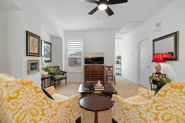 14100 Avery Ranch Blvd Unit 1402, Austin, TX 78717 - living area featuring attic access, carpet floors, a ceiling fan, and baseboards