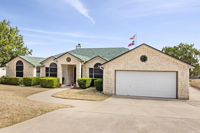 20531 Highland Lake Dr, Lago Vista, TX 78645 - french country home featuring stone siding, driveway, a chimney, and roof with shingles