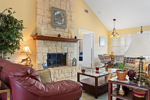 20531 Highland Lake Dr, Lago Vista, TX 78645 - living area featuring high vaulted ceiling and a fireplace