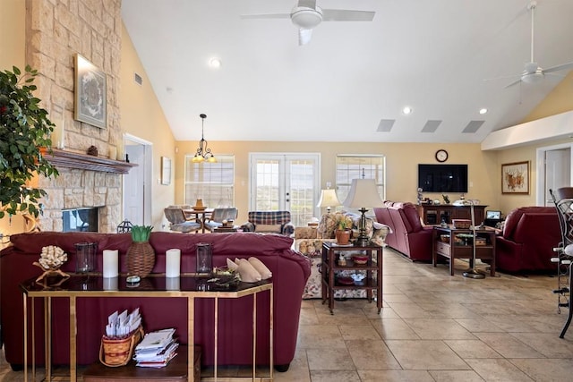 20531 Highland Lake Dr, Lago Vista, TX 78645 - living area featuring ceiling fan, high vaulted ceiling, and recessed lighting