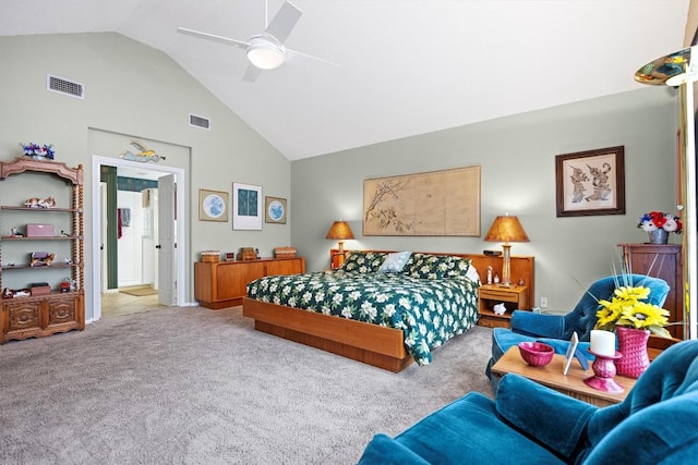 20531 Highland Lake Dr, Lago Vista, TX 78645 - bedroom featuring light carpet, high vaulted ceiling, and ceiling fan