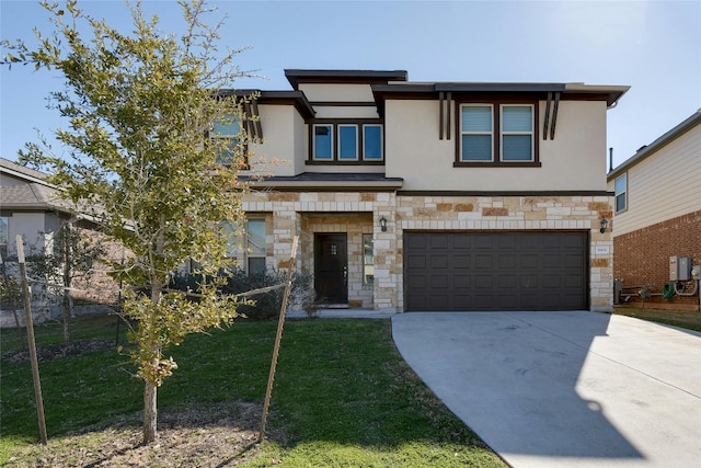 view of front facade featuring concrete driveway, a front yard, stucco siding, a garage, and stone siding