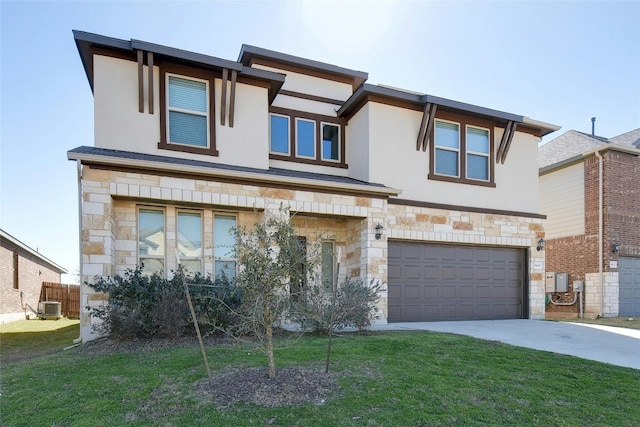 view of front of house featuring a front lawn, stucco siding, central AC unit, a garage, and stone siding