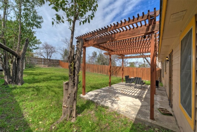 view of yard featuring visible vents, a patio, a fenced backyard, and a pergola