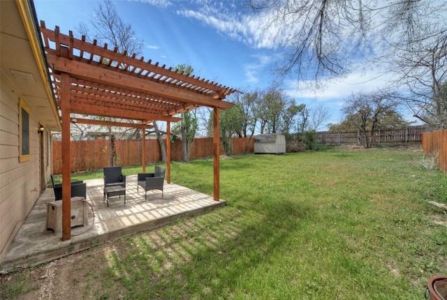 view of yard featuring a fenced backyard, a pergola, an outdoor structure, a storage shed, and a patio area