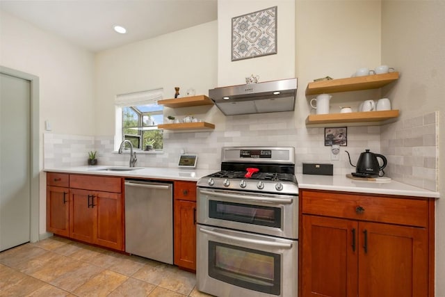 kitchen with under cabinet range hood, open shelves, a sink, stainless steel appliances, and light countertops