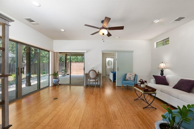 unfurnished living room featuring visible vents, recessed lighting, light wood-type flooring, and ceiling fan