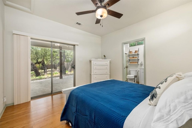 bedroom featuring light wood finished floors, visible vents, ceiling fan, and access to outside