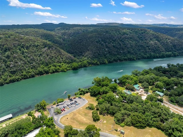 drone / aerial view featuring a view of trees and a water view