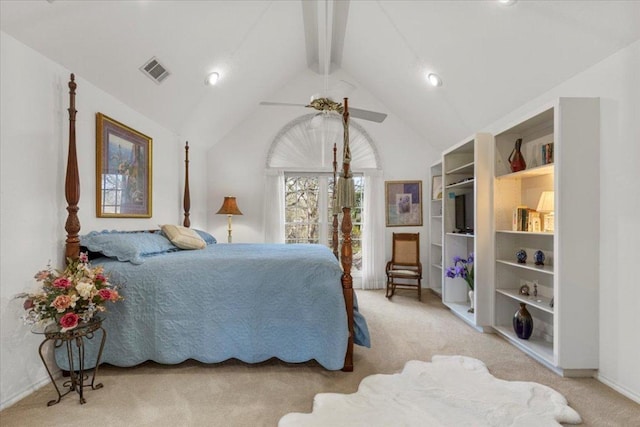 bedroom with visible vents, beamed ceiling, light carpet, high vaulted ceiling, and a ceiling fan