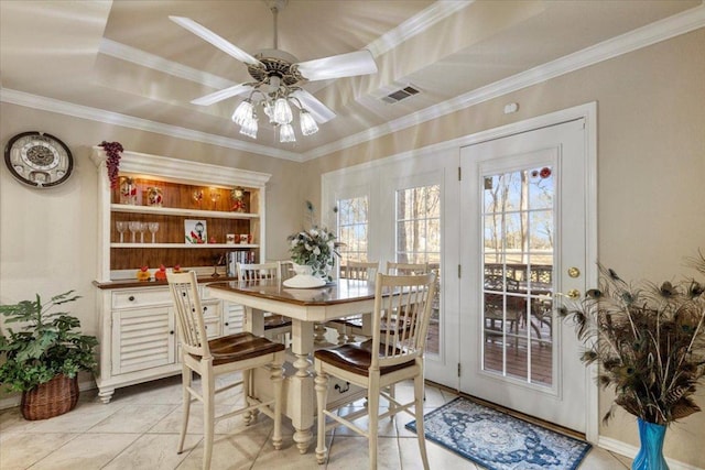 dining room with visible vents, a ceiling fan, and ornamental molding