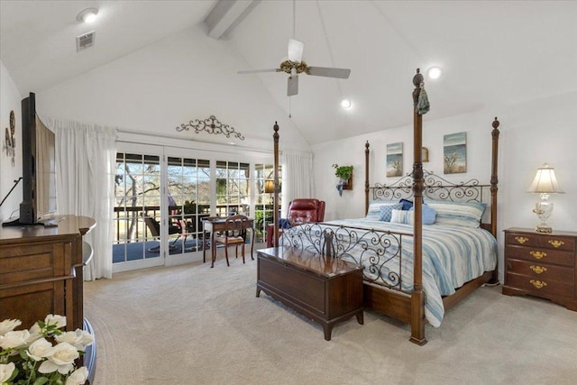 bedroom with beam ceiling, access to exterior, visible vents, and light carpet