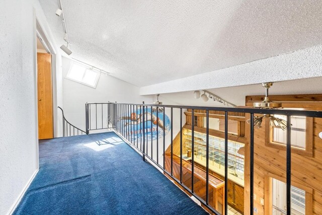 121 Scott St, San Marcos, TX 78666 - hall with lofted ceiling, carpet flooring, rail lighting, a textured wall, and a textured ceiling