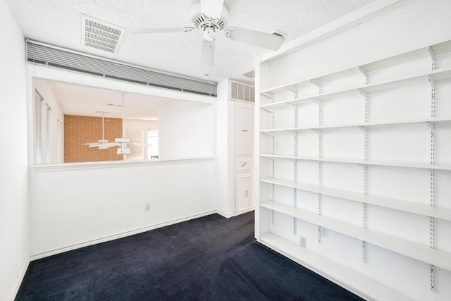 121 Scott St, San Marcos, TX 78666 - empty room with dark colored carpet, visible vents, a textured ceiling, and ceiling fan