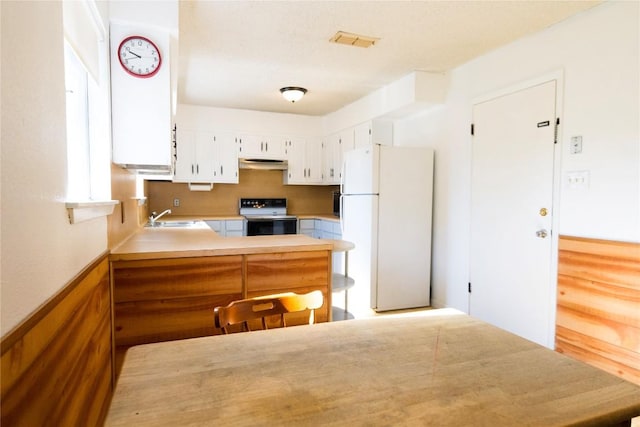 kitchen with visible vents, freestanding refrigerator, a sink, range with electric cooktop, and under cabinet range hood