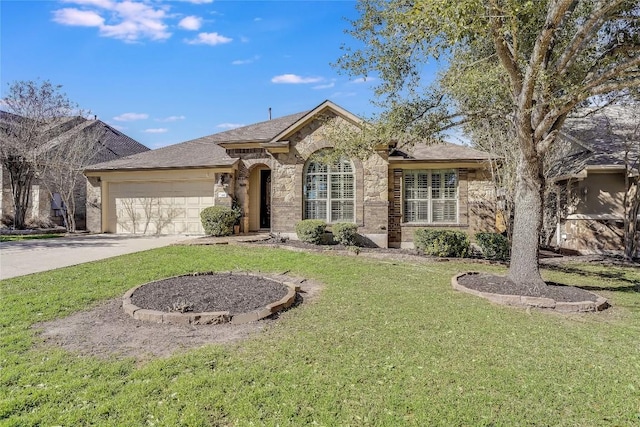 ranch-style house with concrete driveway, a garage, stone siding, and a front lawn