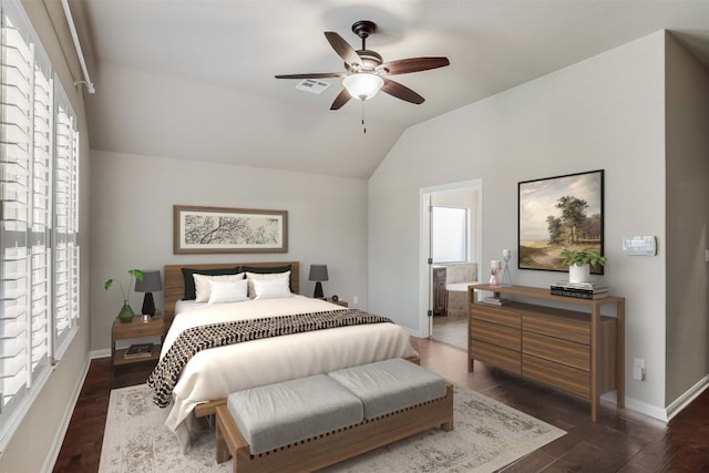 bedroom featuring visible vents, dark wood-type flooring, ensuite bath, baseboards, and vaulted ceiling