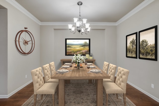 dining area with baseboards, dark wood-style floors, and crown molding