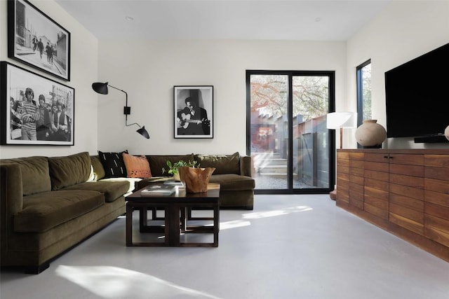 living area featuring finished concrete flooring