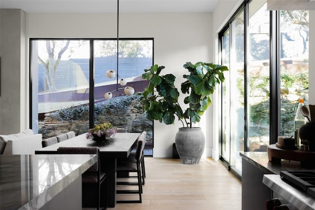 dining area with plenty of natural light and light wood finished floors